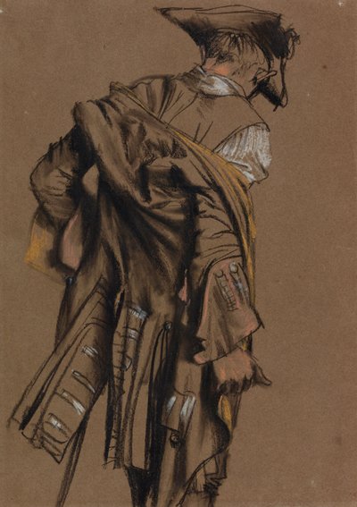 Modell des Künstlers, von hinten gesehen, das eine Uniform des 18. Jahrhunderts anzieht von Adolph Menzel